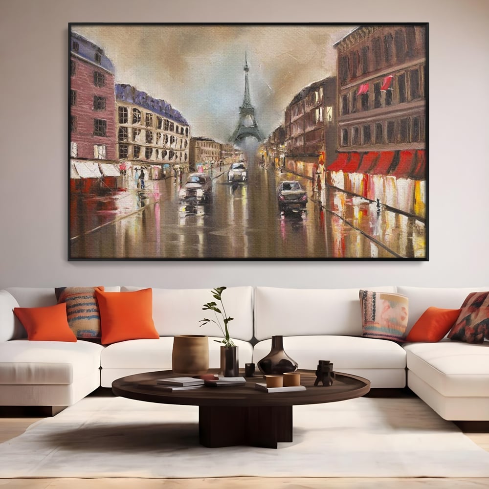 Tablou canvas cu pictura stradala cu turnul eiffel in ploaie, in rama de aluminiu negru, pe perete intr-un living